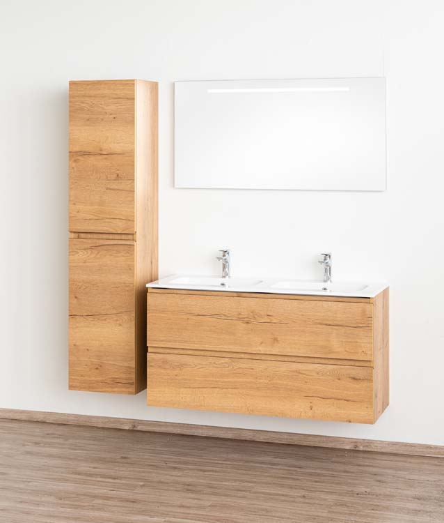 Meuble de salle de bain Daria chêne brun doré 1200 mm 2 lavabo brillant