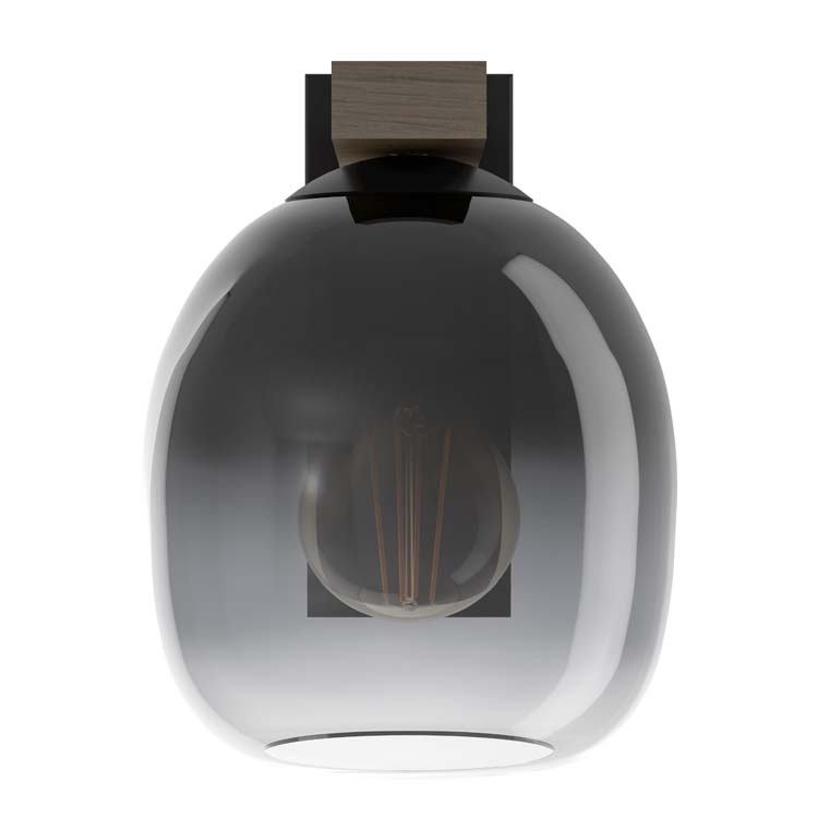 Lampe murale noir-bois verre gris fumé E27