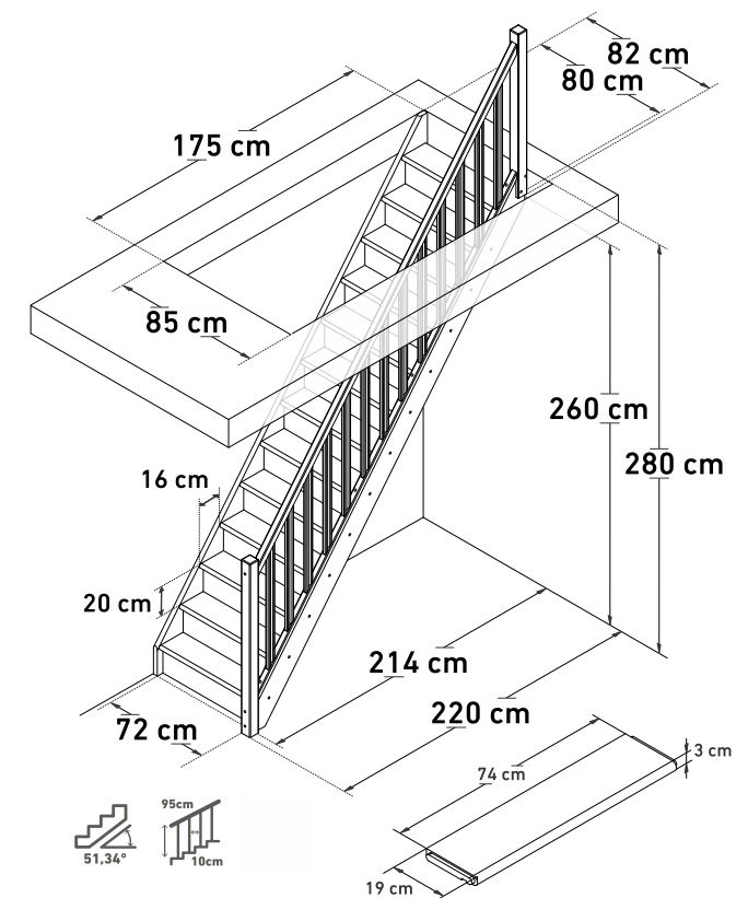 Escalier fermé sapin Hamburg droit 280x80cm