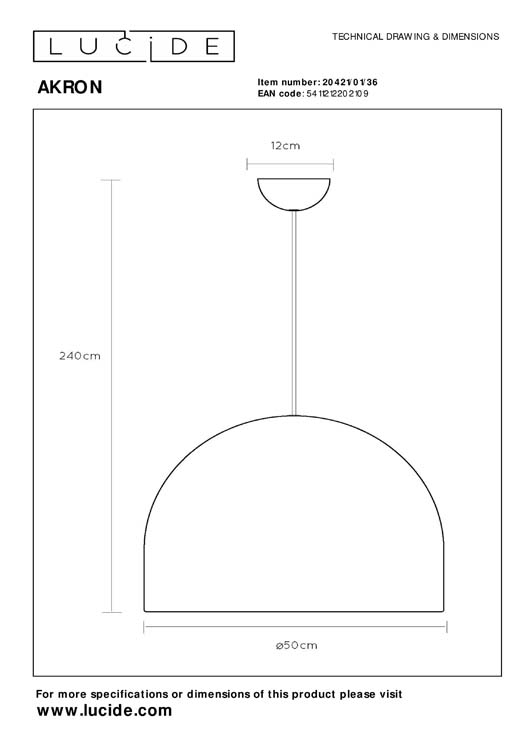 Lucide AKRON - Suspension - Ø 50 cm - 1xE27 - Gris