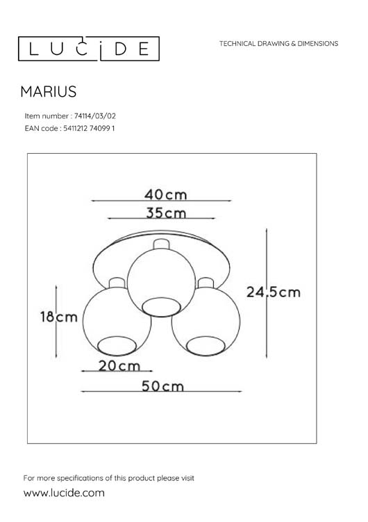 Lucide MARIUS - Plafonnière - 3xE27 - Mat Goud / Messing