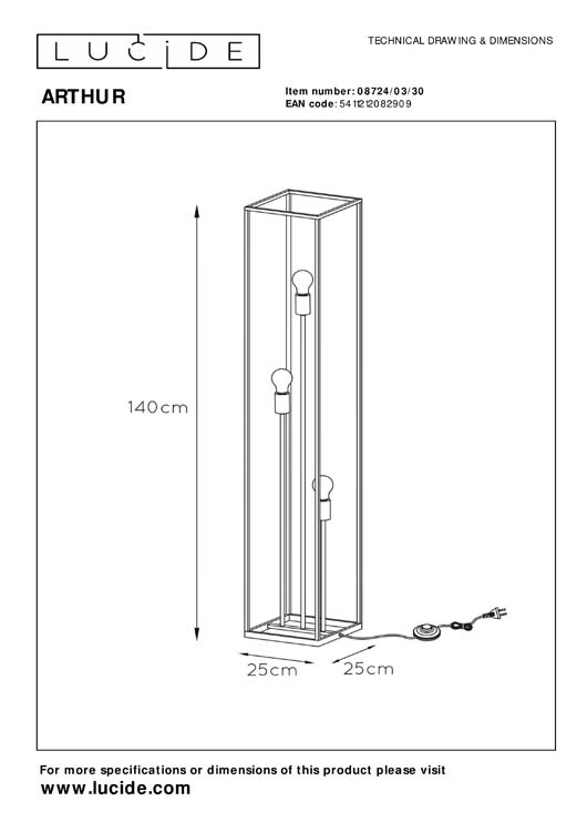 Lucide ARTHUR - Vloerlamp - E27 - Zwart