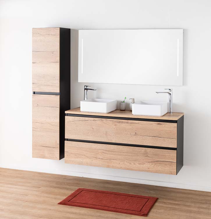 Meuble salle de bain Dotan 2 chêne/noir 1200 mm tabl saillie melamine