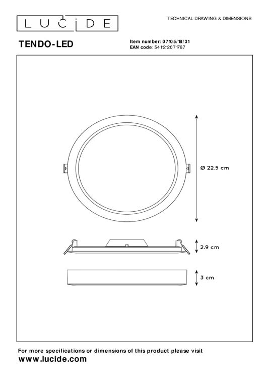 TENDO-LED - Plafonnière - Ø 22 cm - LED - 1x18W 3000K - Wit