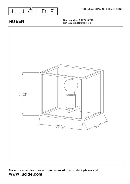 Lucide RUBEN - Wandlamp - 1xE27 - Zwart