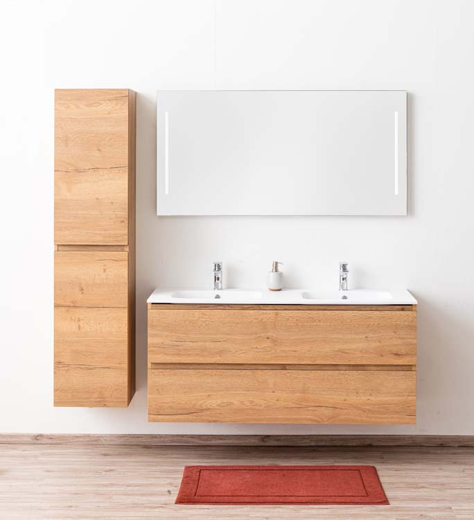 Meuble de salle de bain Daria chêne brun doré 1400 mm 2 lavabo mat