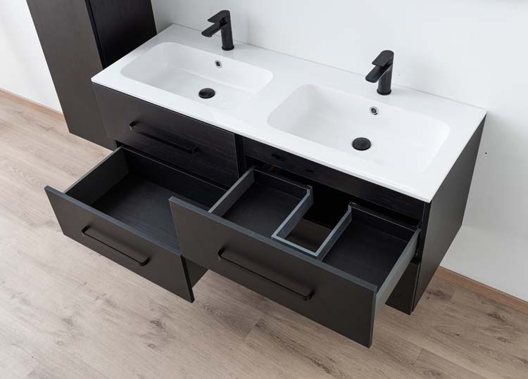 Meuble salle de bain Plato noir grain de bois 140cm - double - brillant - poignée mat noir