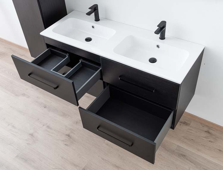 Meuble salle de bain Plato noir grain de bois 140cm - double - brillant - poignée mat noir