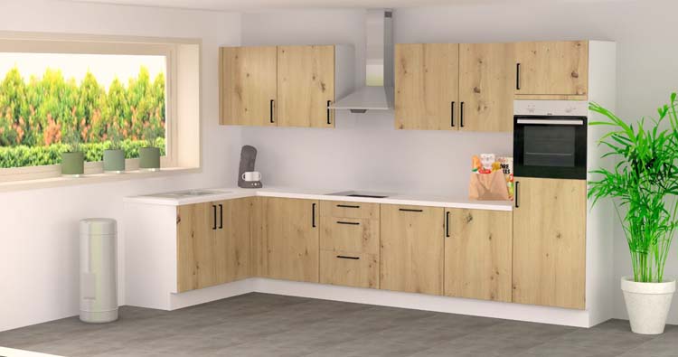 Blokkeuken 16B premium - 365x165cm - houtlook - zonder toestellen