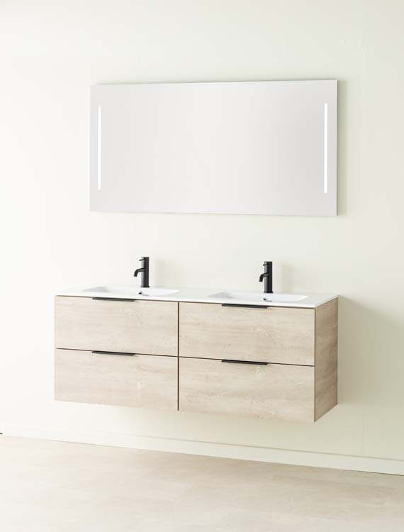 Meuble de salle de bain Plato chêne 1400 mm 4 tiroirs vasque blanc brillant