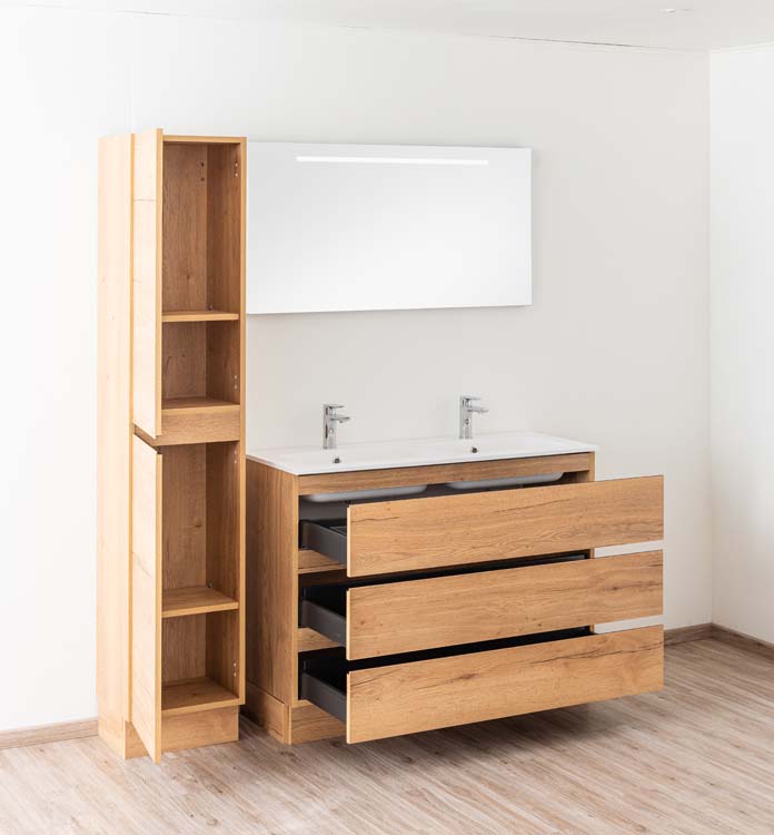 Meuble de salle de bain Daria chêne brun doré 1200 mm sur pied 2 lavabo mat