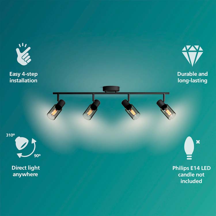 Spot plafond/mur - verre long - dimmable - E14 - 4x25W - lampe excl - noir