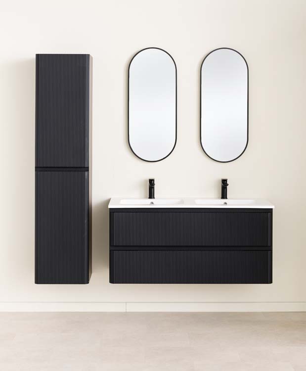 Meuble de salle de bain Julia noir mat 2 tiroirs 1200 mm lavabo blanc brillant