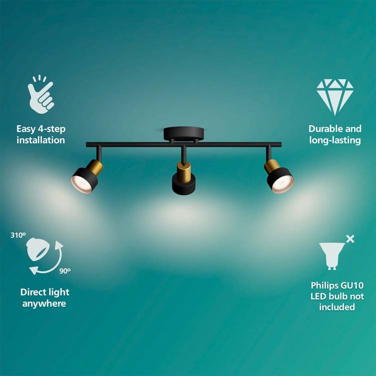 Spot plafond/mur - dimmable - GU10 - 3x5W - lampe excl - noir/dorée