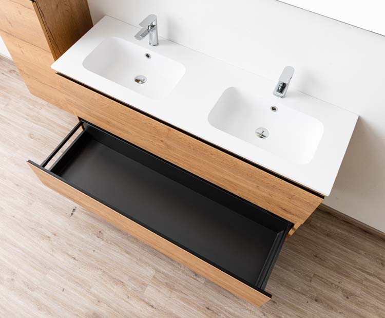 Meuble de salle de bain Daria chêne brun doré 1400 mm 2 lavabo mat