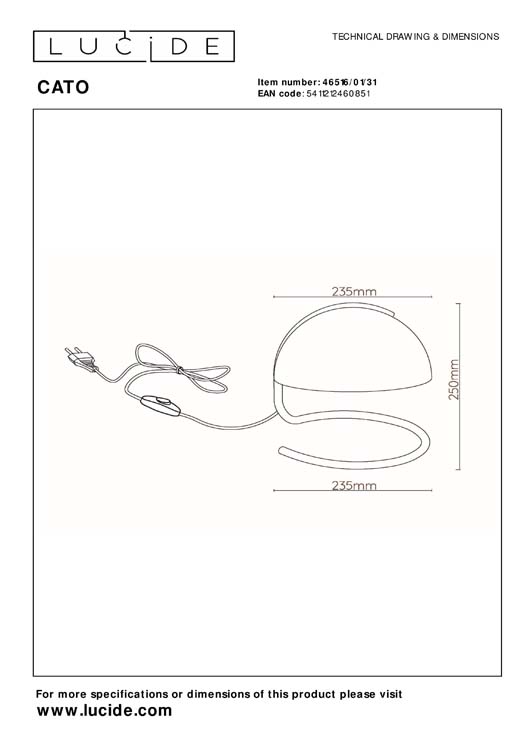 Lucide CATO - Tafellamp - Ø 23,5 cm - 1xE27 - Wit