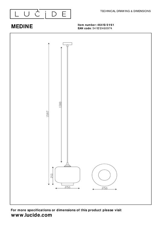 Lucide MEDINE - Suspension - Ø 25 cm - 1xE27 - Opalin