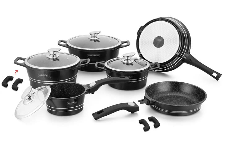 Set de casseroles noires avec couvercles et manches détachables