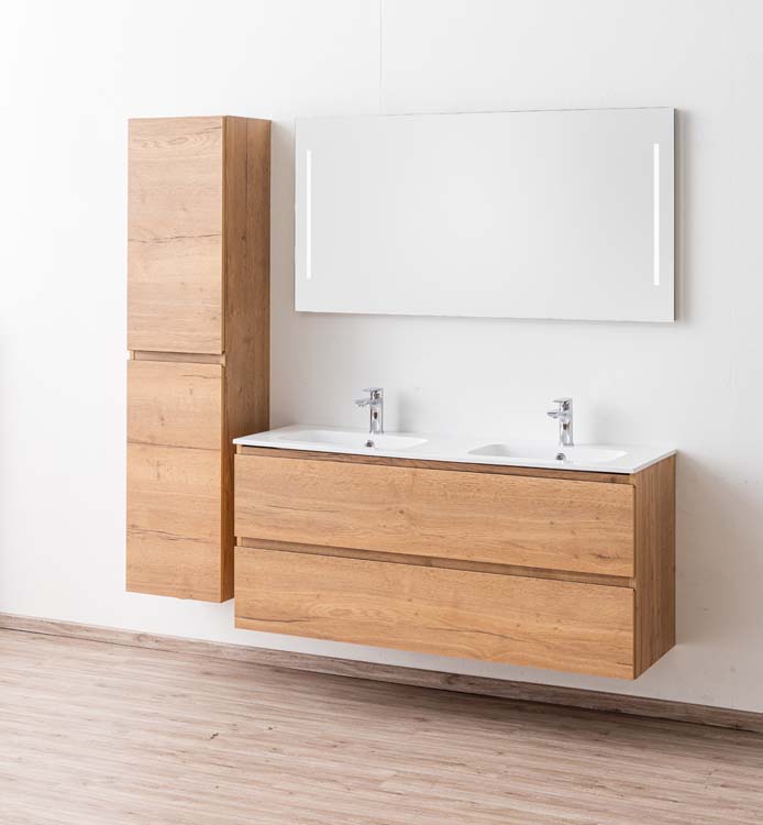 Meuble de salle de bain Daria chêne brun doré 1400 mm 2 lavabo brillant