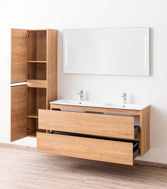 Meuble de salle de bain Daria chêne brun doré 1400 mm 2 lavabo mat