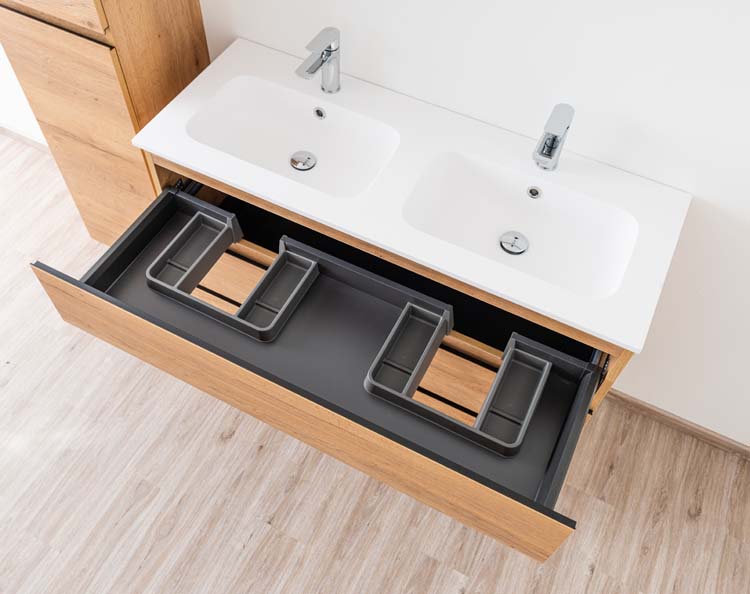 Meuble de salle de bain Daria chêne brun doré 1200 mm sur pied 2 lavabo mat