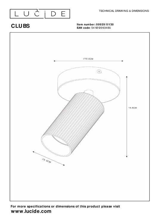 Lucide CLUBS - Plafondspot - 1xGU10 - Zwart