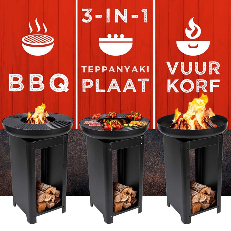 Panier à feu et gril teppanyaki 3 en 1 BBQ D61 x H90 cm noir