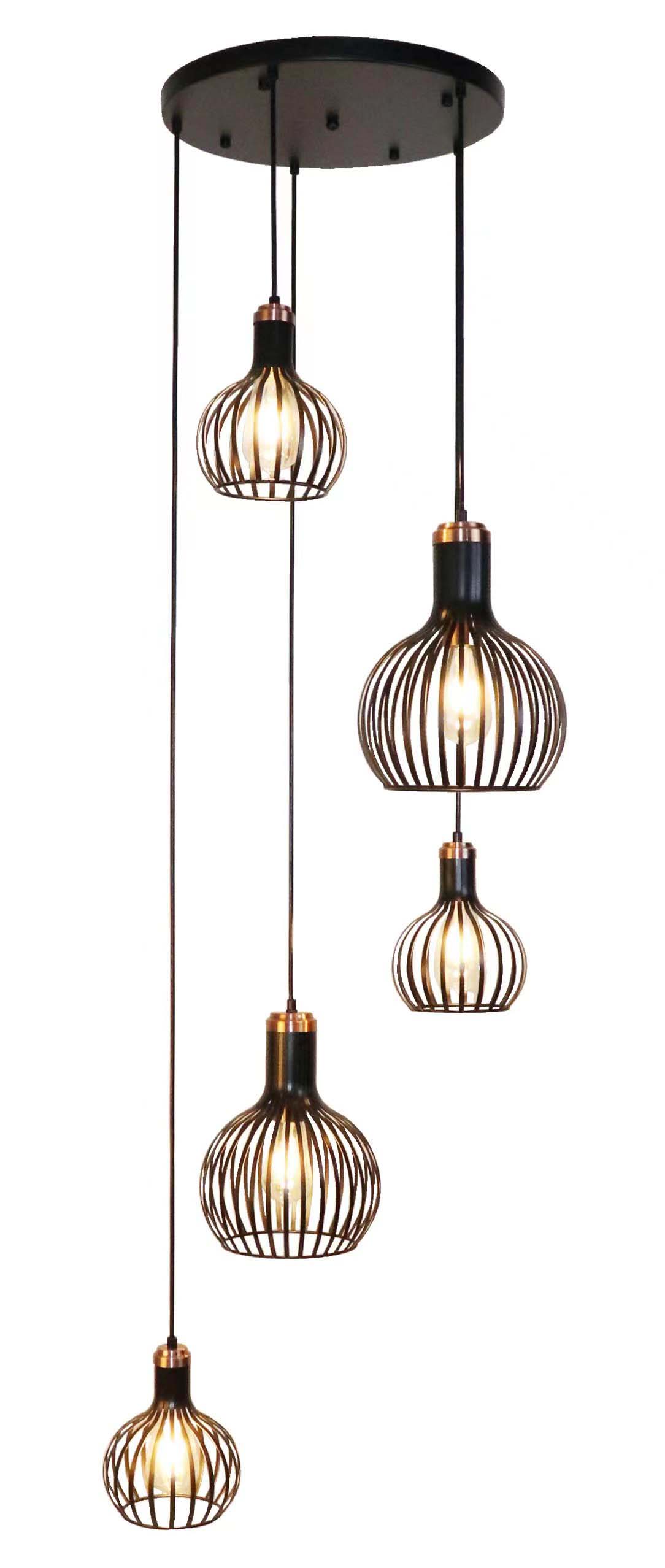 Hanglamp 5 pendels zwart koper E27 150 cm