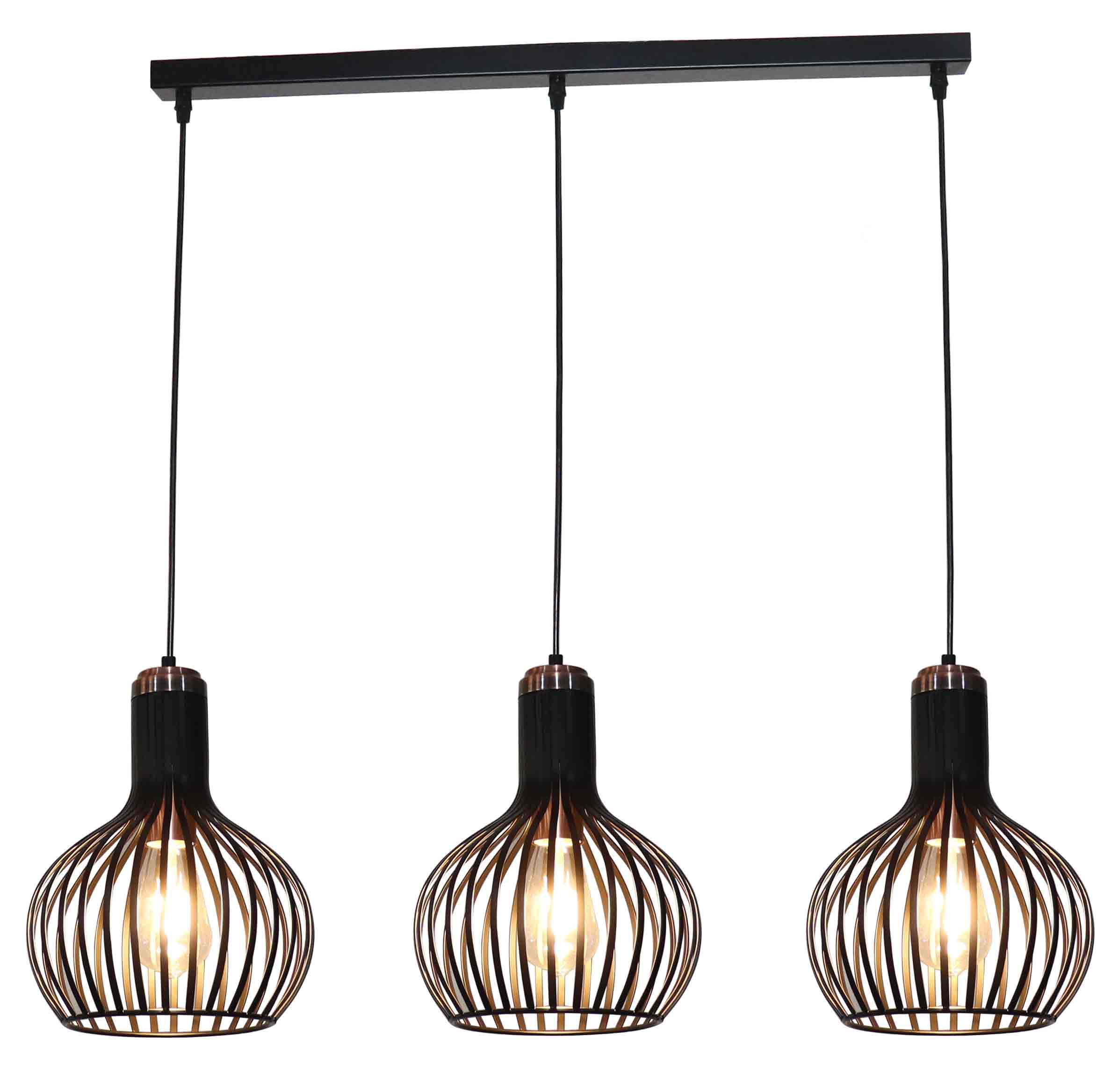 Hanglamp 3 pendels zwart koper E27 120 cm