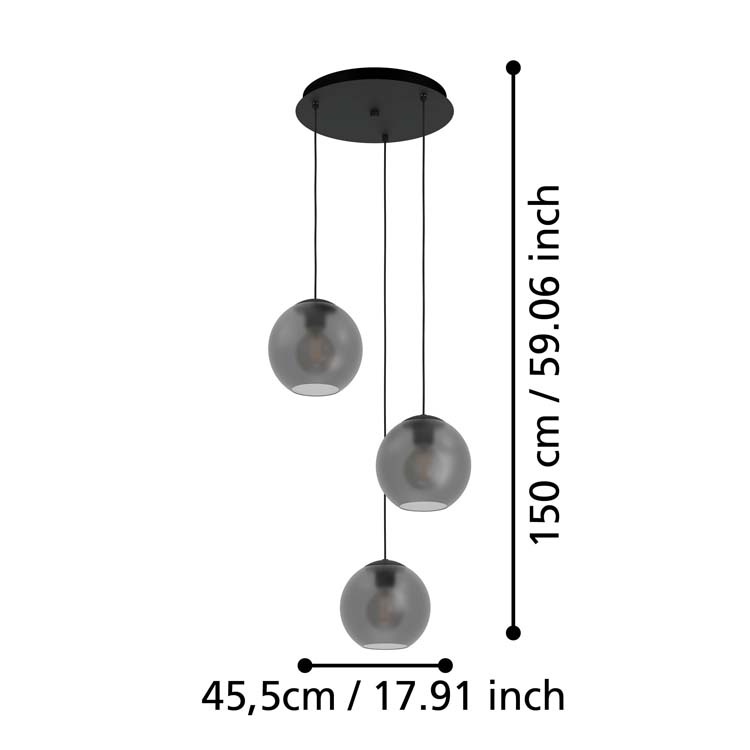 Lampe suspendue Gona 3xE27 verre fumé noir