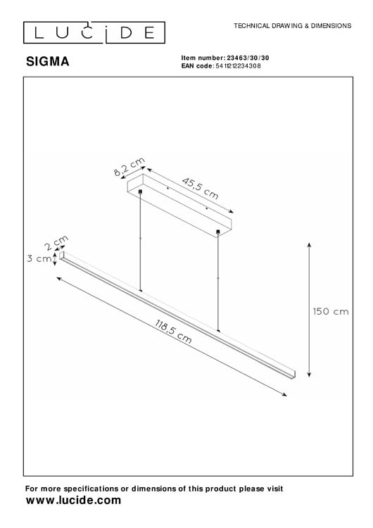 Lucide SIGMA - Hanglamp - LED Dimb. - 1x30W 2700K - Zwart