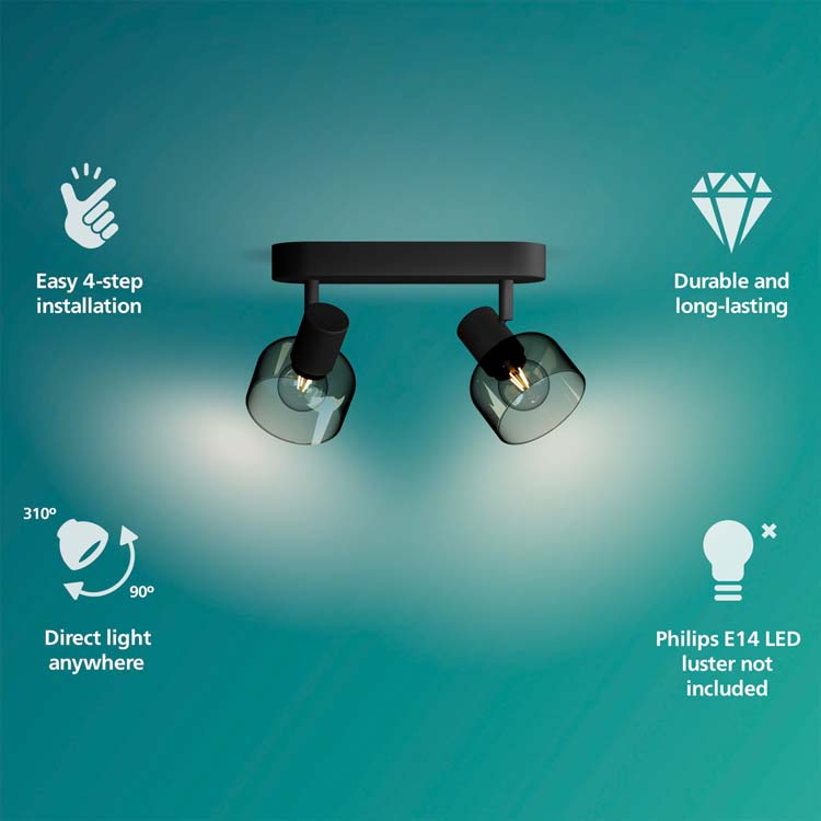 Spot plafond/mur - verre court - dimmable - E14 - 2x25W - lampe excl - noir