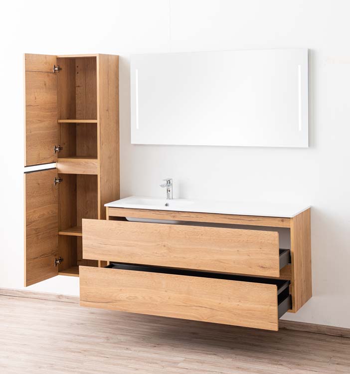 Meuble de salle de bain Daria chêne brun doré 1400 mm lavabo mat gauche