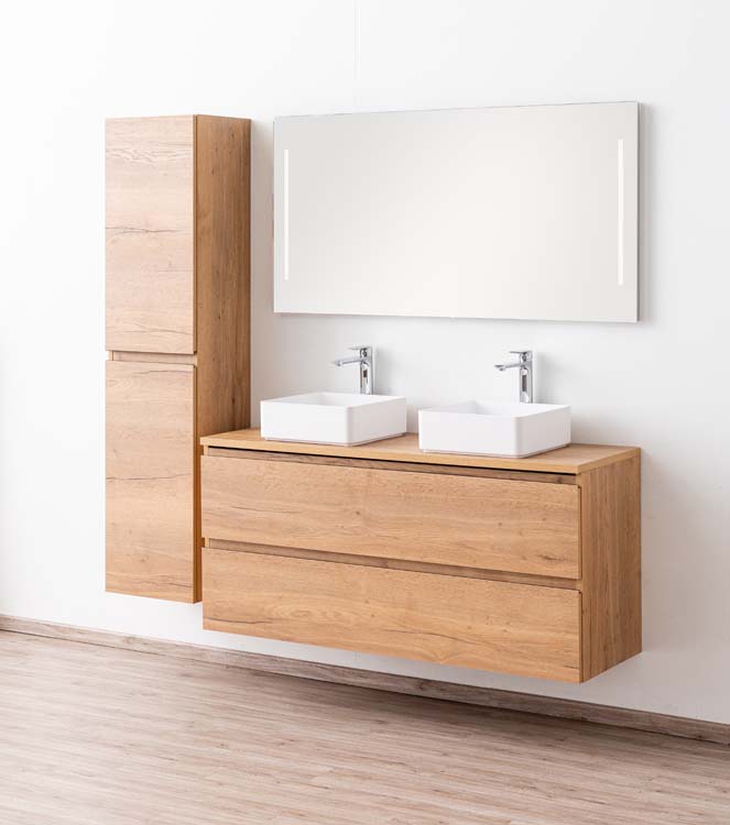 Meuble de salle de bain Daria chêne brun doré 1400 mm tablette en saillie melamine