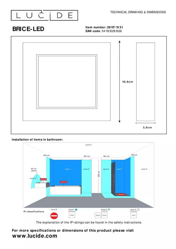 Lucide BRICE-LED - Plafonnière Badkamer - LED Dimb. - 1x8W 3000K - IP44 - Wit