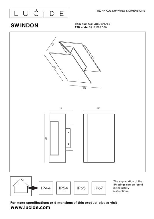 Lucide SWINDON - Applique murale Extérieur - LED - 1x15W 2700K - IP54 - Noir