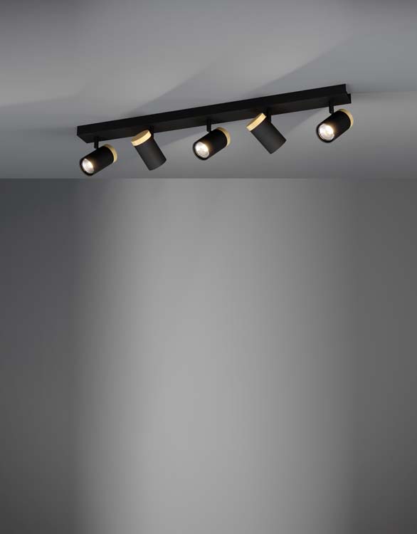 Opbouwspot - aluminium - dimbaar - GU10 - 5x4.5W - incl lamp - zwart/hout - 345 lumen- 3000K