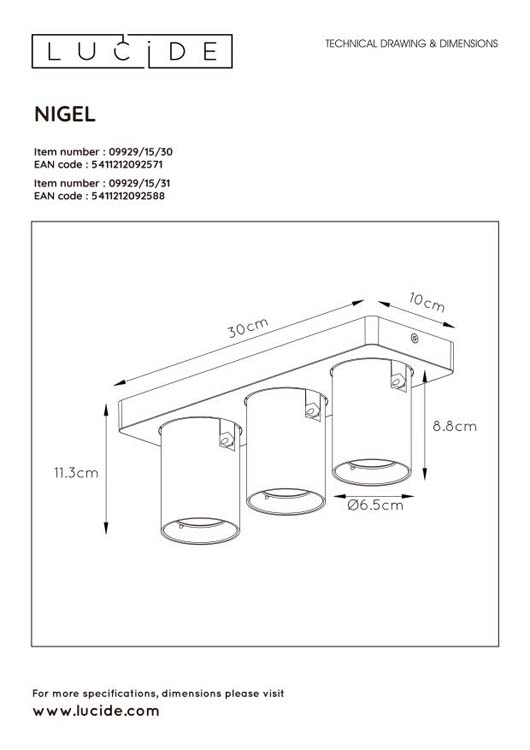 Lucide NIGEL - Plafondspot - GU10 - 3x5W 2200K/3000K - Zwart