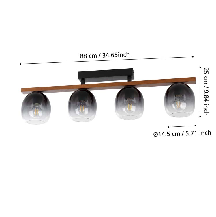 Plafonnière noir-bois verre smockey grey E27