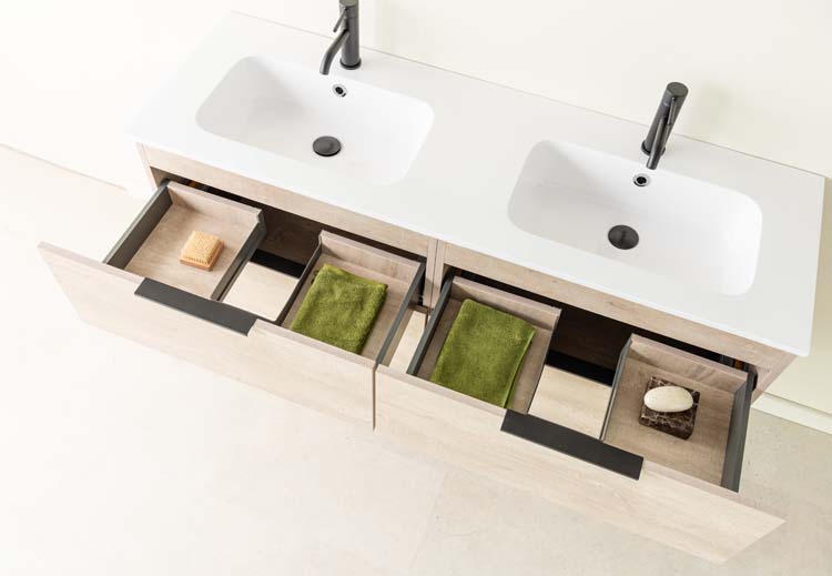 Meuble de salle de bain Plato chêne 1400 mm 4 tiroirs, vasque blanc mat