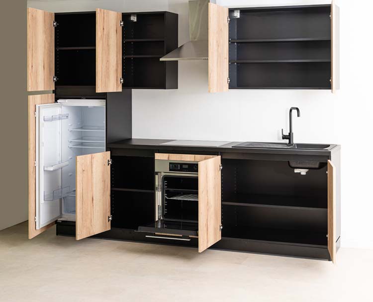 Cuisine Plenti 270cm - four en bas - avec appareils - noire-aspect bois