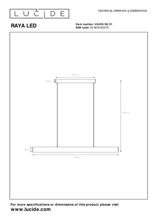 Lucide RAYA LED - Hanglamp - LED Dimb. - 1x36W 2700K - Wit