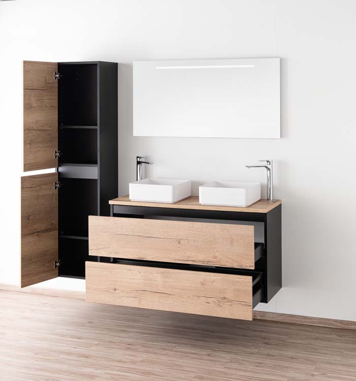 Meuble de salle de bain Dotan chêne/noir 1200 mm tablette en saillie melamine