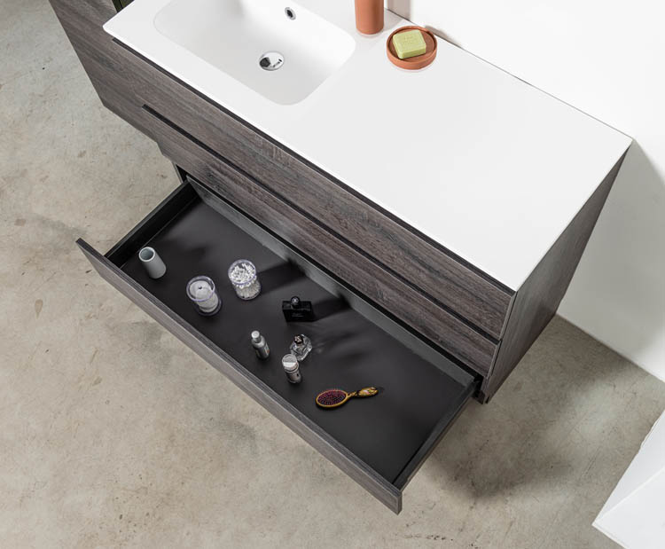 Meuble de salle de bain Dotan chêne foncé 1200 mm sur pied lavabo brillant gauche