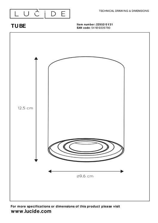 TUBE - Spot plafond - Ø 9,6 cm - 1xGU10 - Blanc