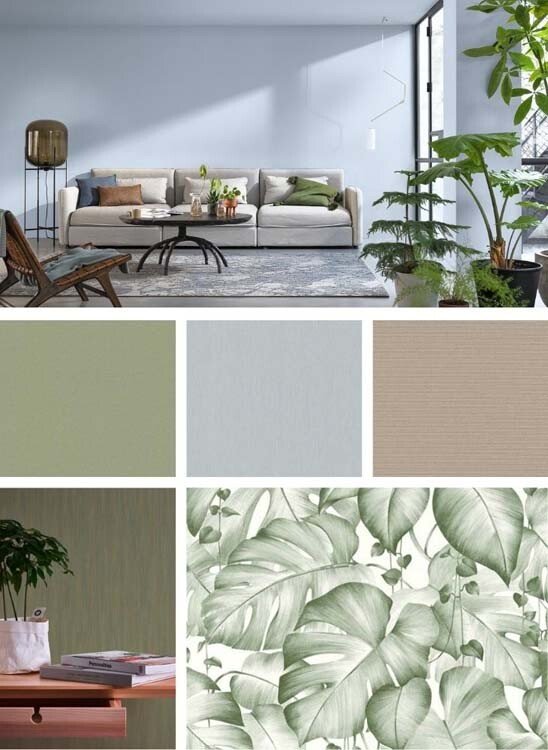 Moodboard blauwe/ groene verf en prints